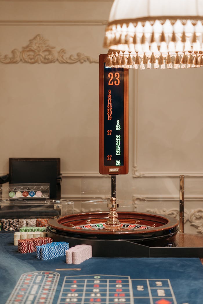 our-story Elegant casino setup featuring a roulette wheel, colorful chips, and a scoreboard.
